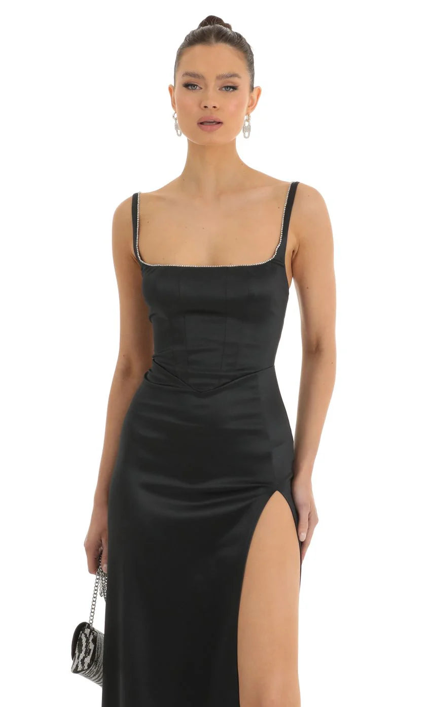 Satin Rhinestone Maxi Dress in Black