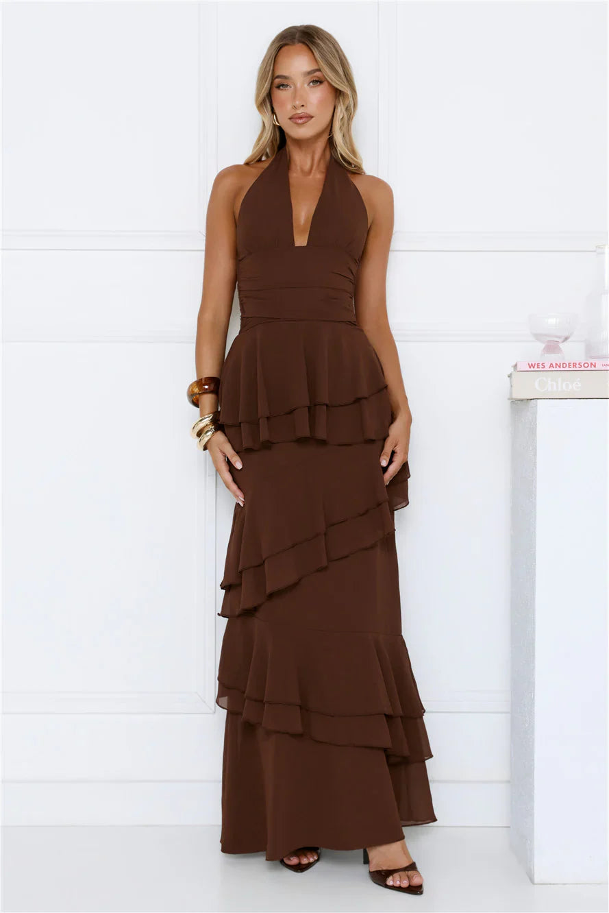 Power Glow Halter Maxi Dress Brown