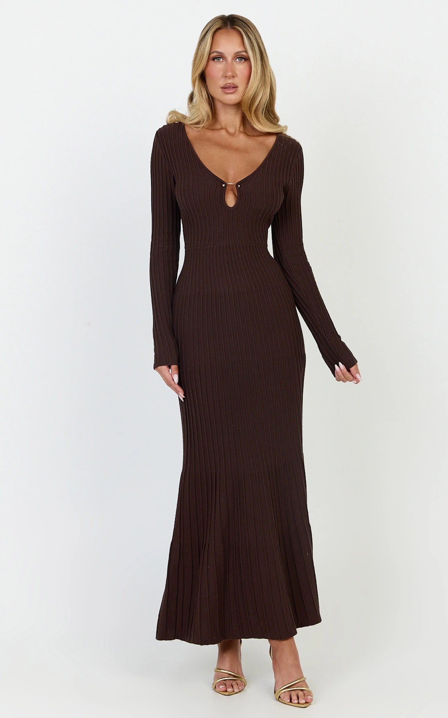 Maris Midi Dress - Keyhole and Hardware Neckline Long Sleeve Flared Dress in Choc