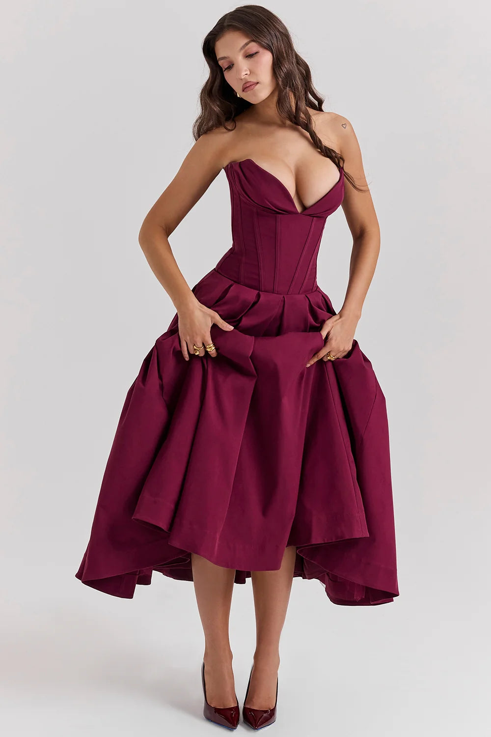 wine strapless midi dress