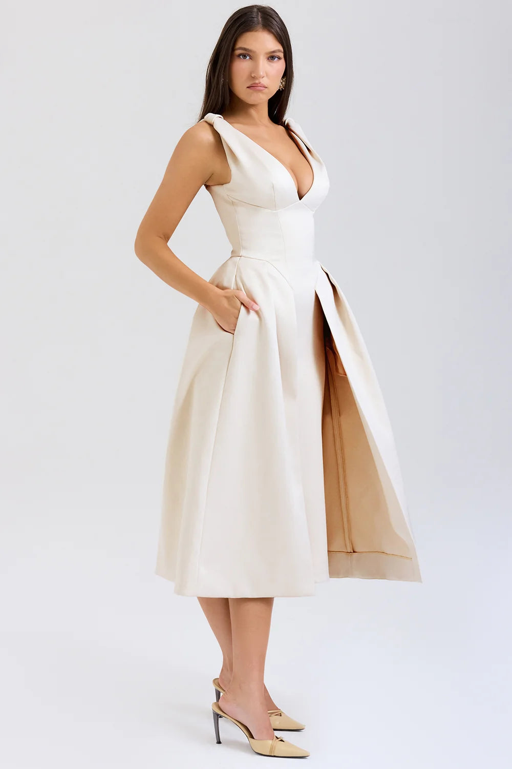 vintage cream satin pleated midi dress - sale