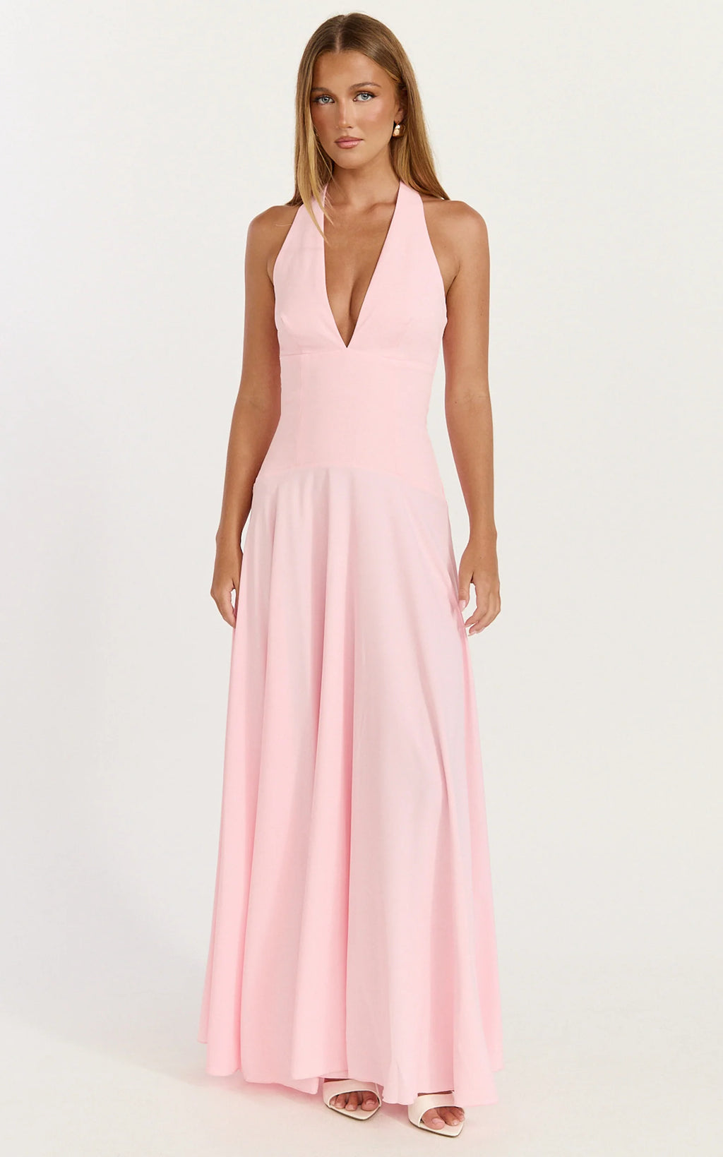 Poppy Maxi Dress - Contrast Skirt Deep Plunge Halter Dress in Soft Pink