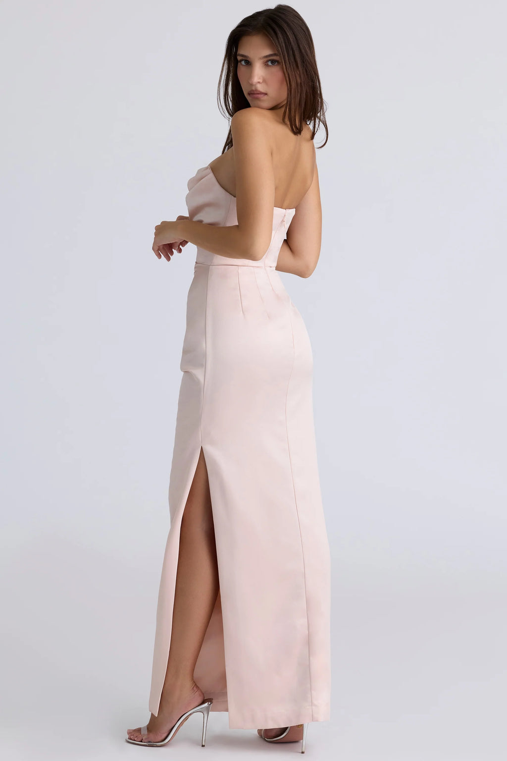 champagne satin strapless gown