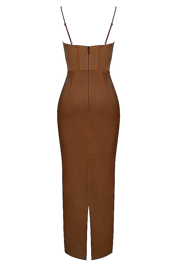chocolate corset maxi dress
