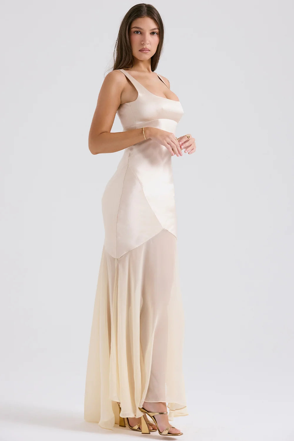 champagne chiffon floor length gown