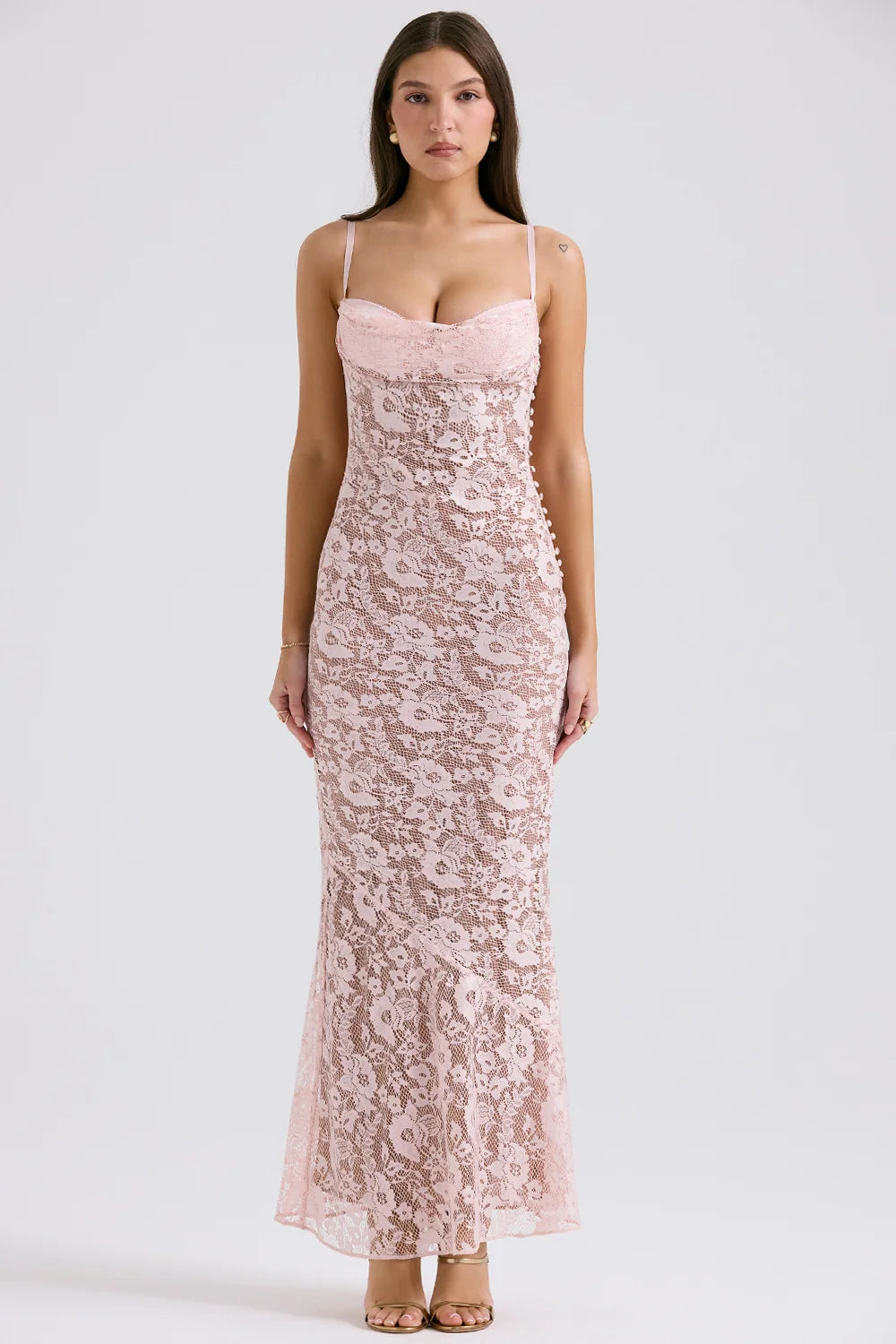 rose pink lace godet gown