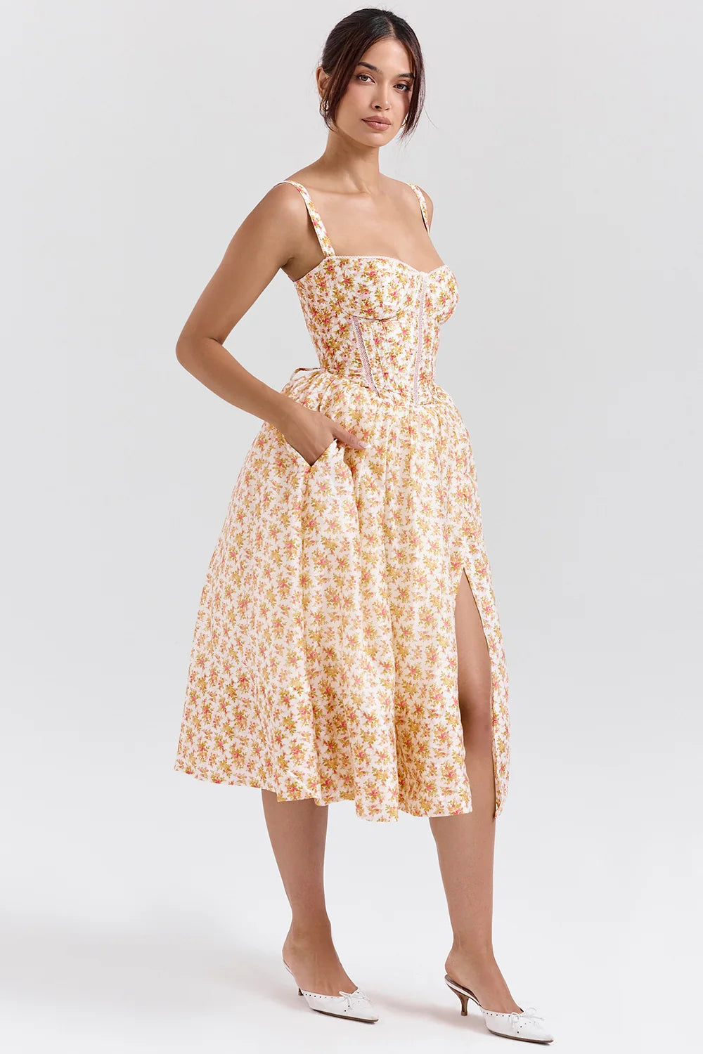 royal rose print corset midi sundress