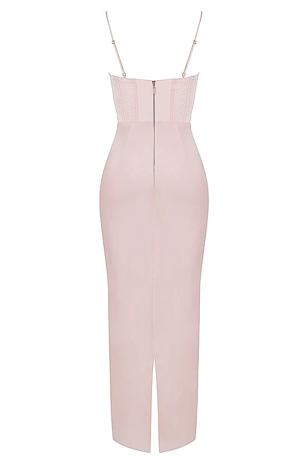 blush pink corset maxi dress