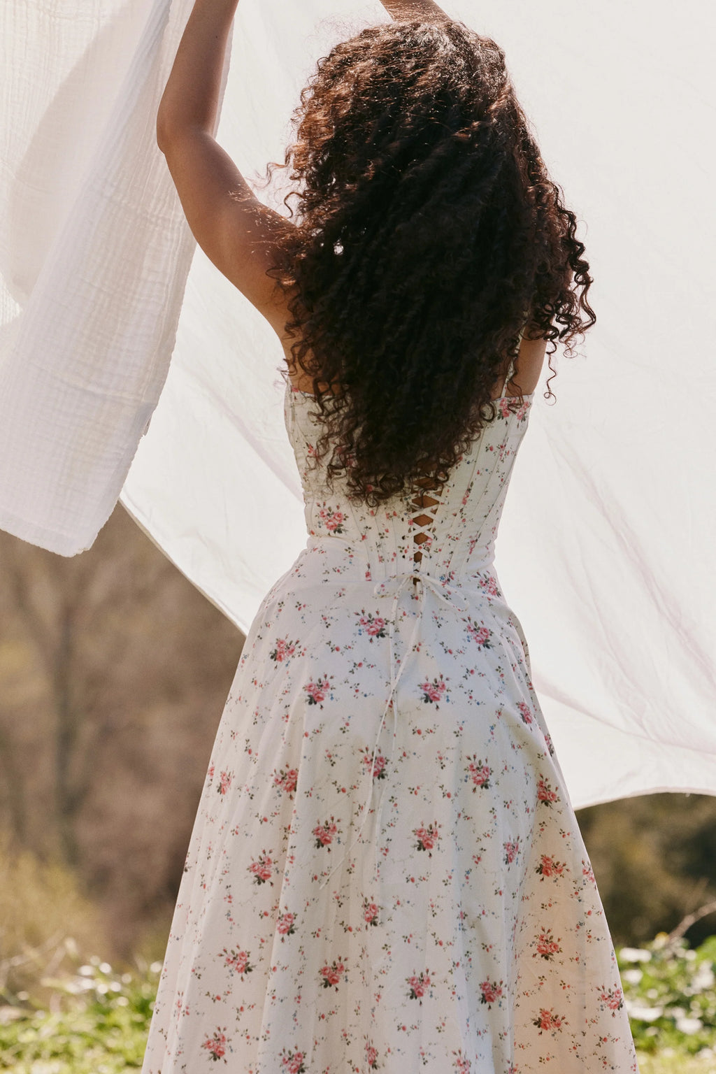 white stretch cotton rose print midi sundress