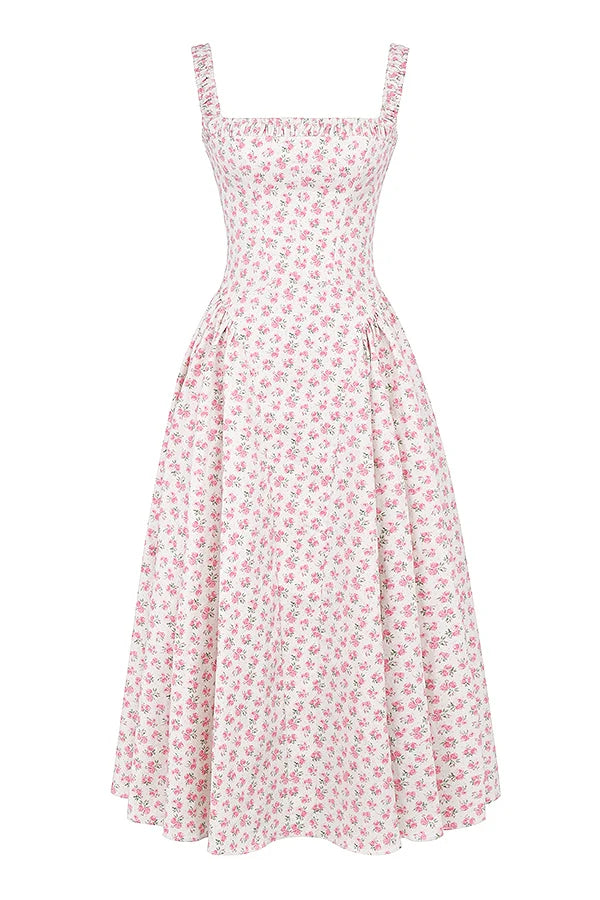 white rosebud print cotton midi sundress