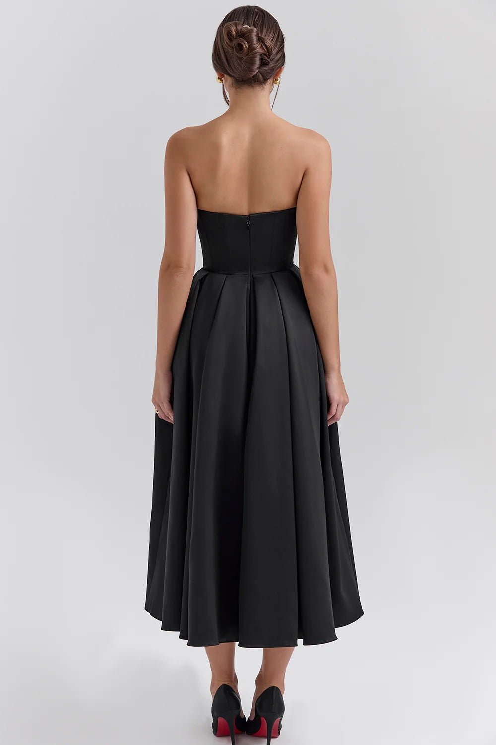 black strapless satin corset midi dress - sale