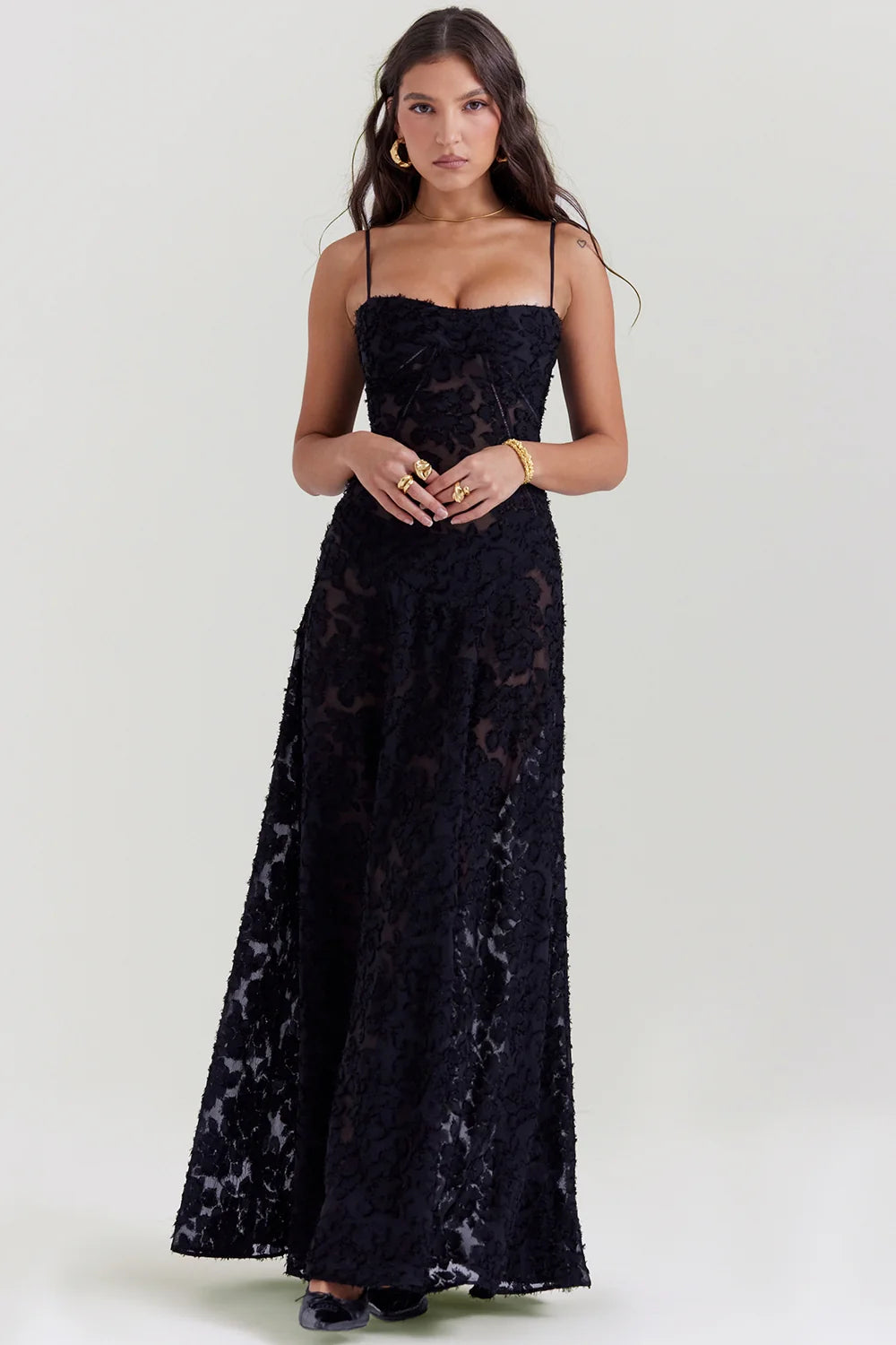black floral lace back maxi dress