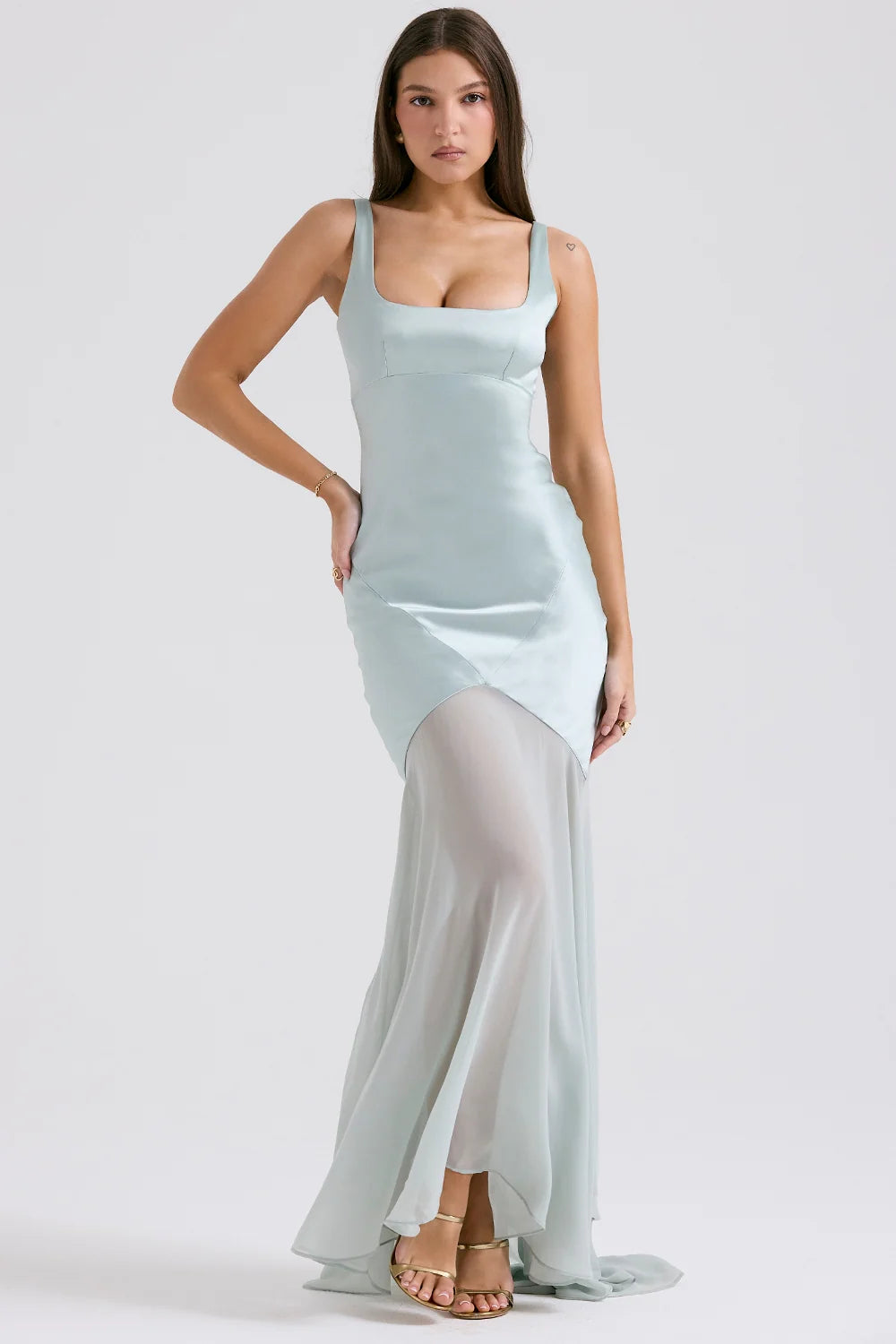 pistachio chiffon floor length gown