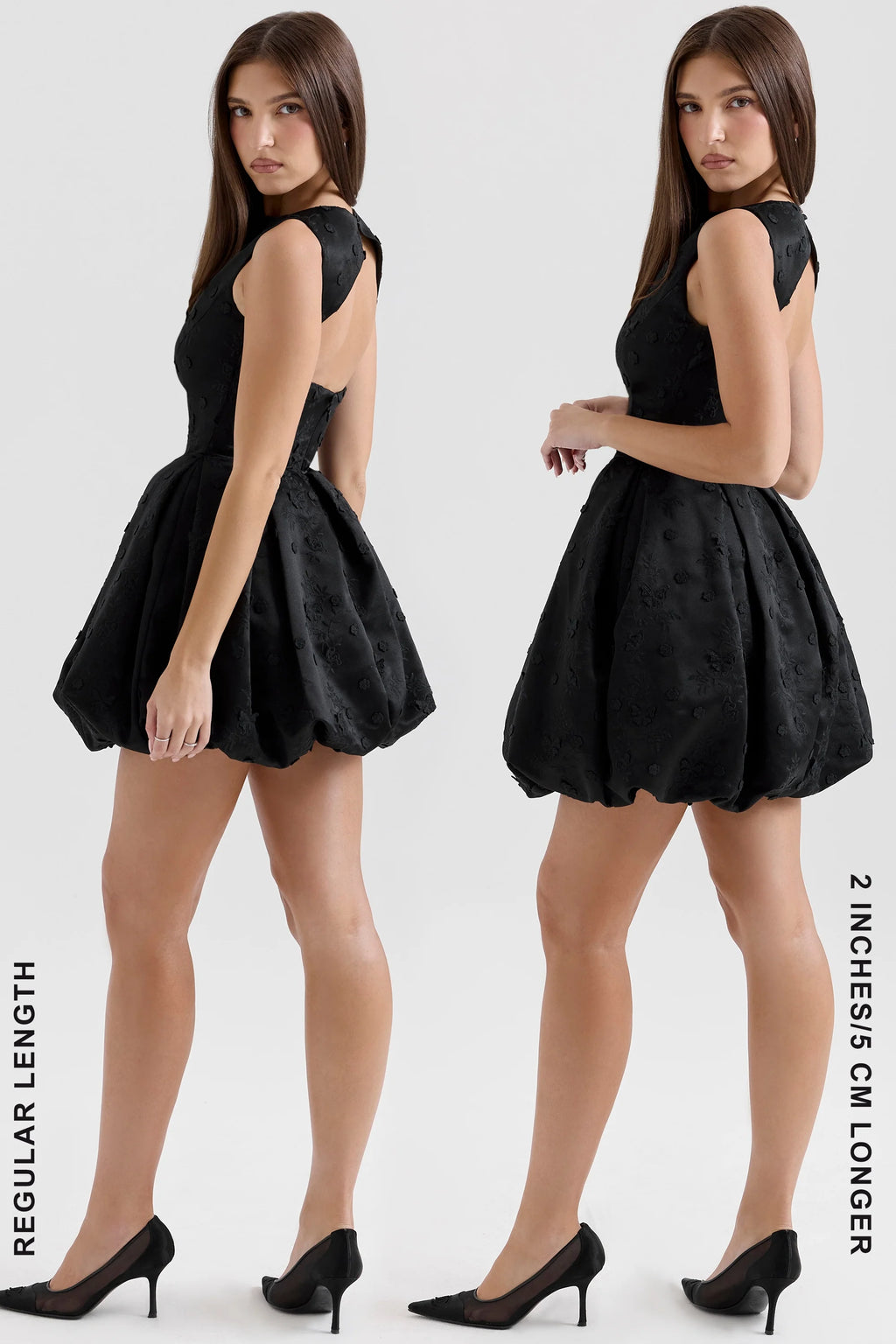 black backless embroidered mini puffball dress