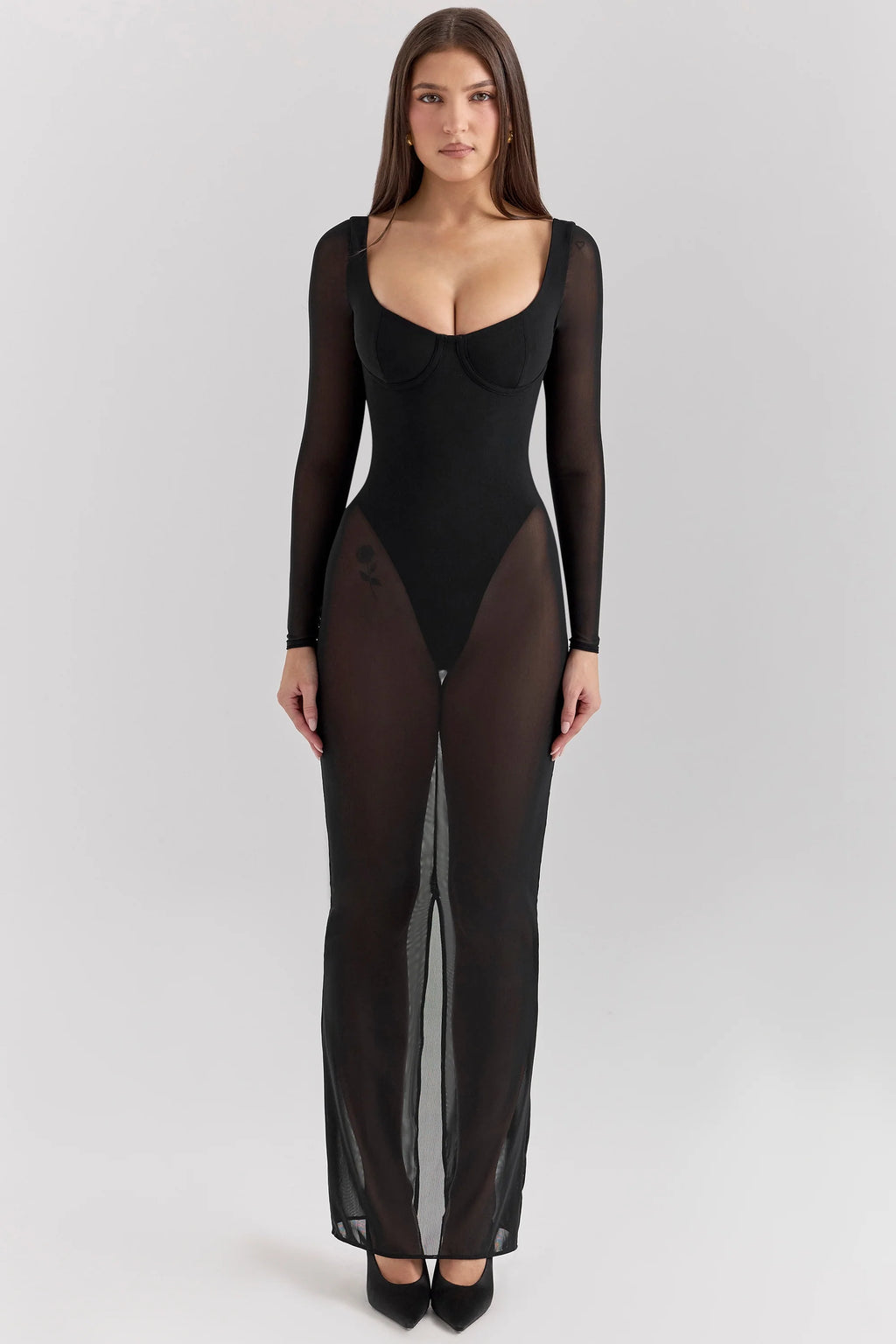 black mesh maxi dress with bodysuit