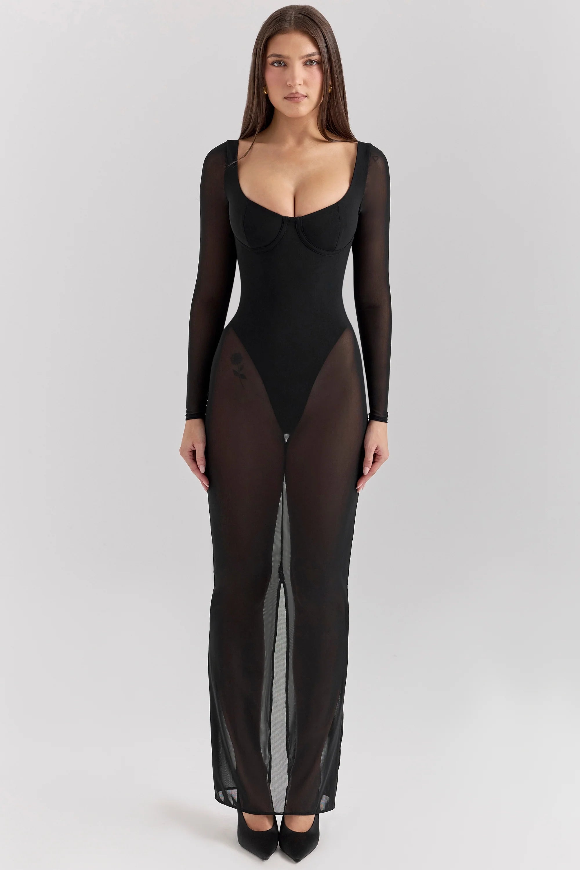 black mesh maxi dress with bodysuit