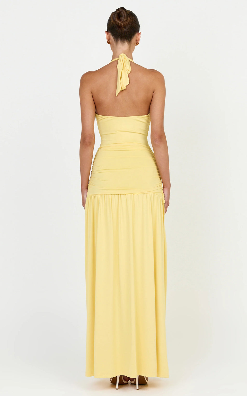 Phoenix Maxi Dress - Halter Neck Gold Trim Jersey Dress in Yellow