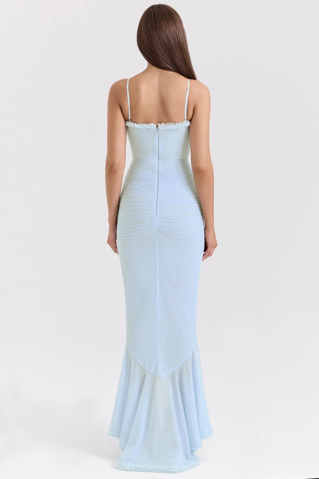 ice blue mesh ruffled front gown
