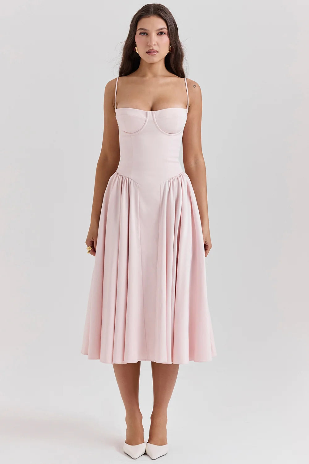 ballerina pink twill corset midi dress