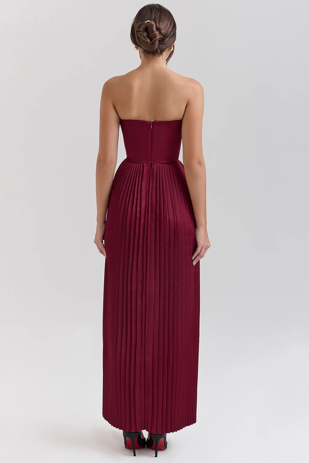 berry pleated satin maxi dress