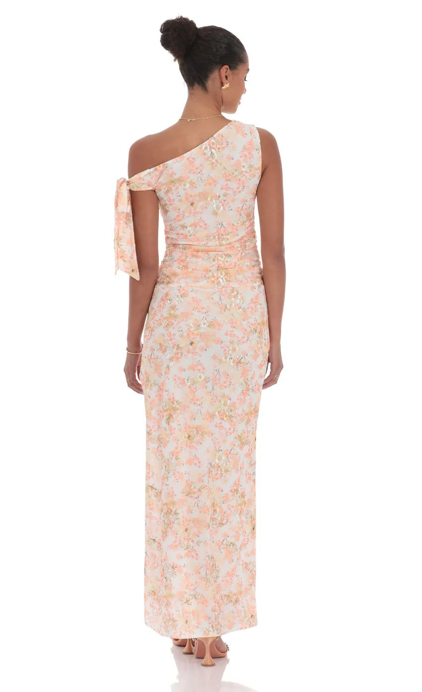 Floral Shimmer Off Shoulder Maxi Dress in Peach