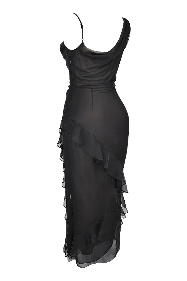 black ruffle maxi dress