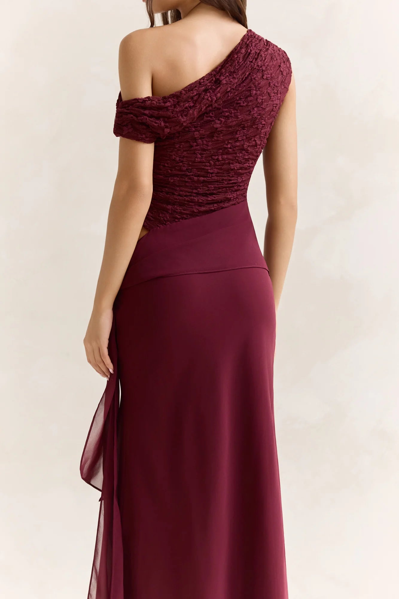 Modernity Mesh Off Shoulder Maxi Dress Burgundy