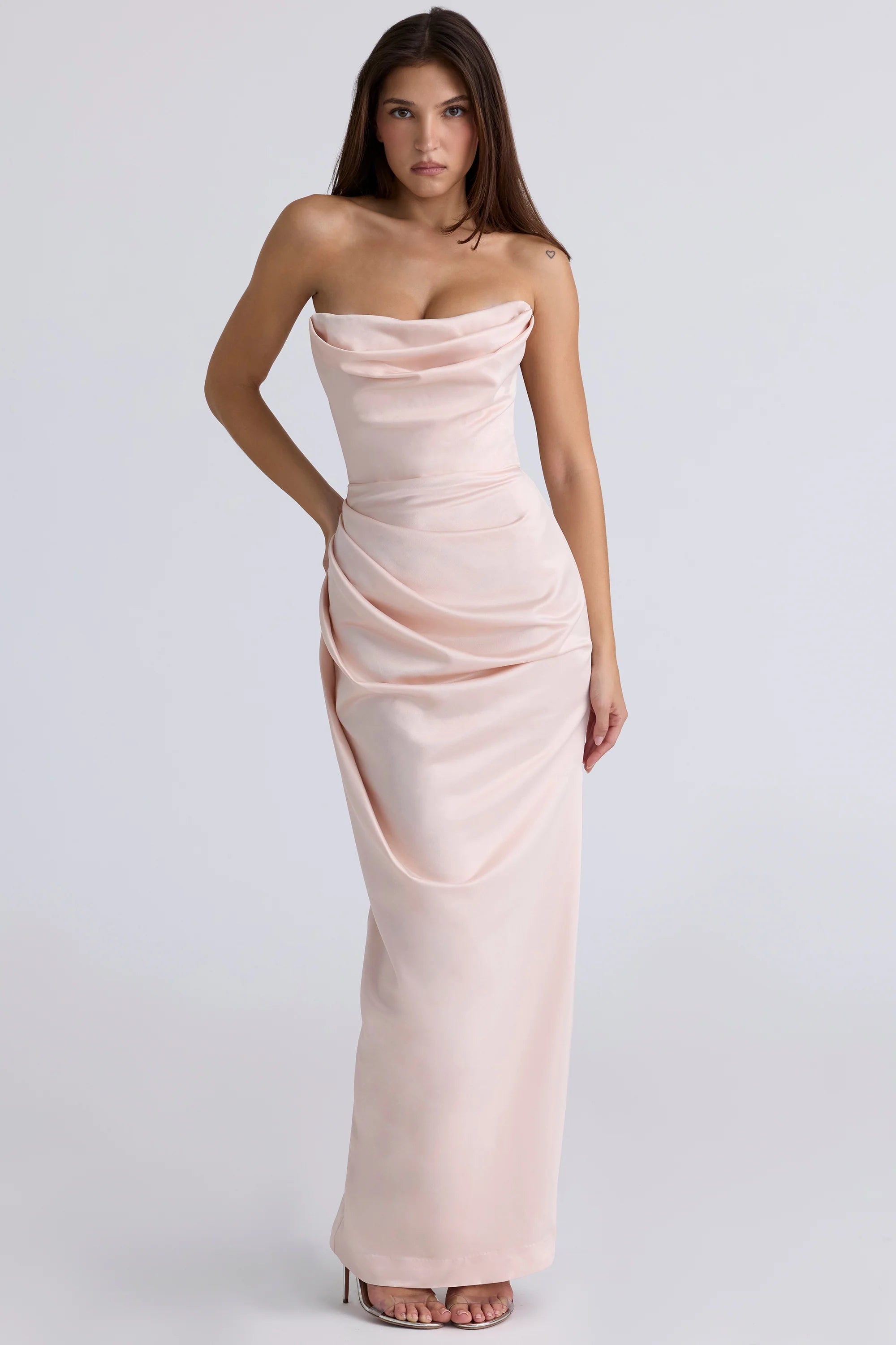 champagne satin strapless gown