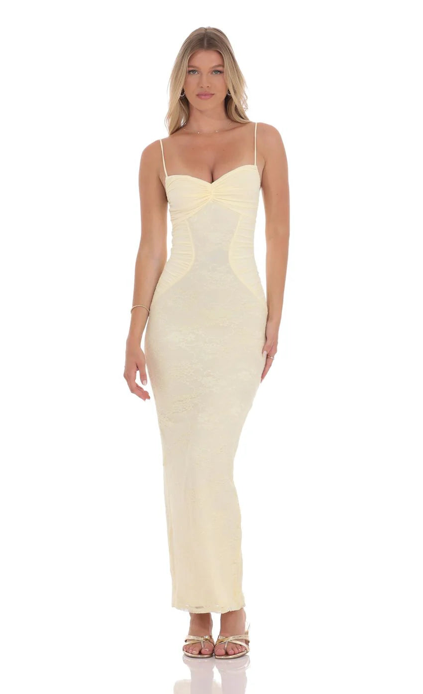 Lace Contour Maxi Dress in Yellow