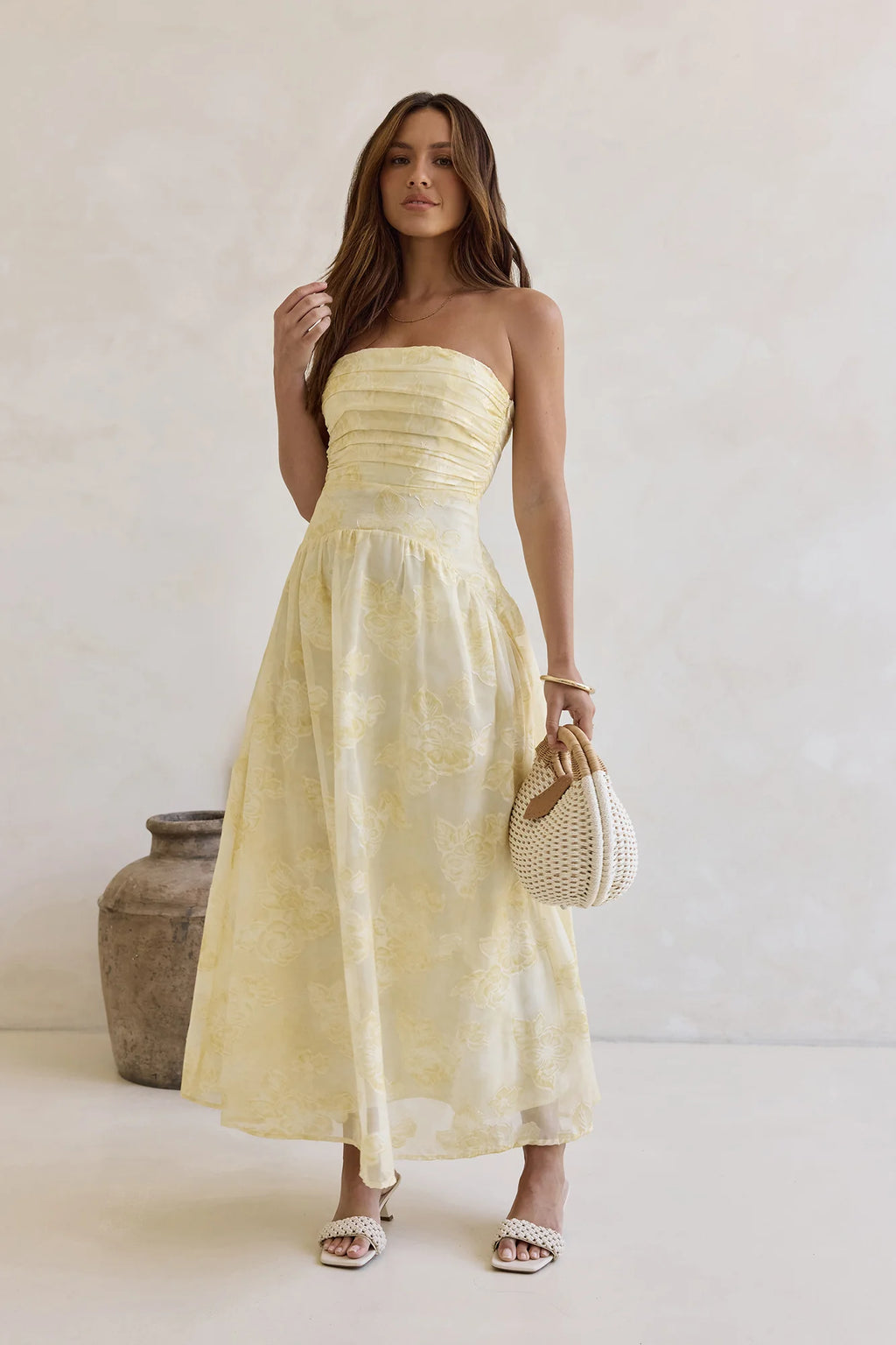 Cloud Kissed Paths Strapless Maxi Dress Yellow