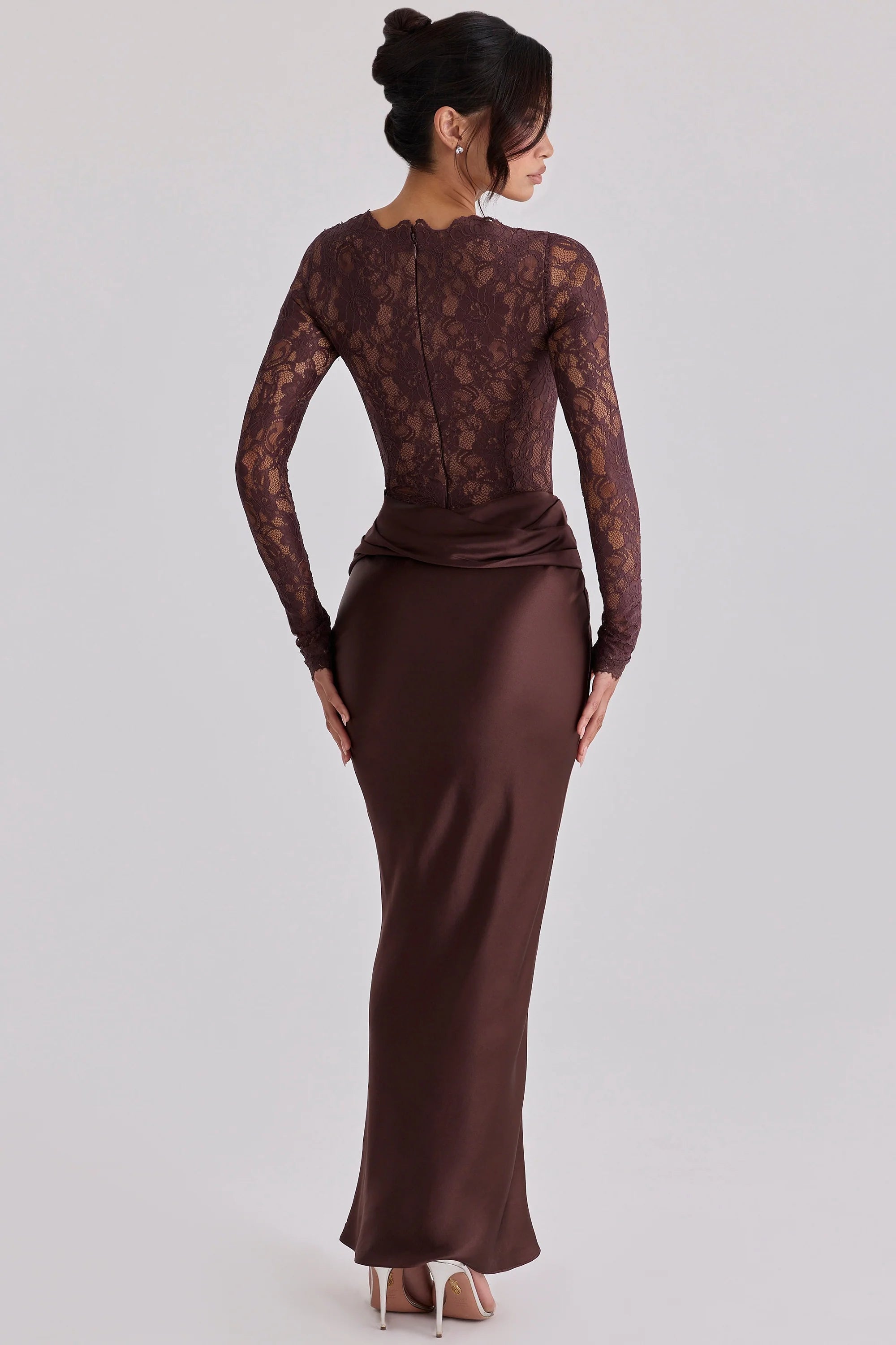 espresso brown lace + satin draped maxi dress