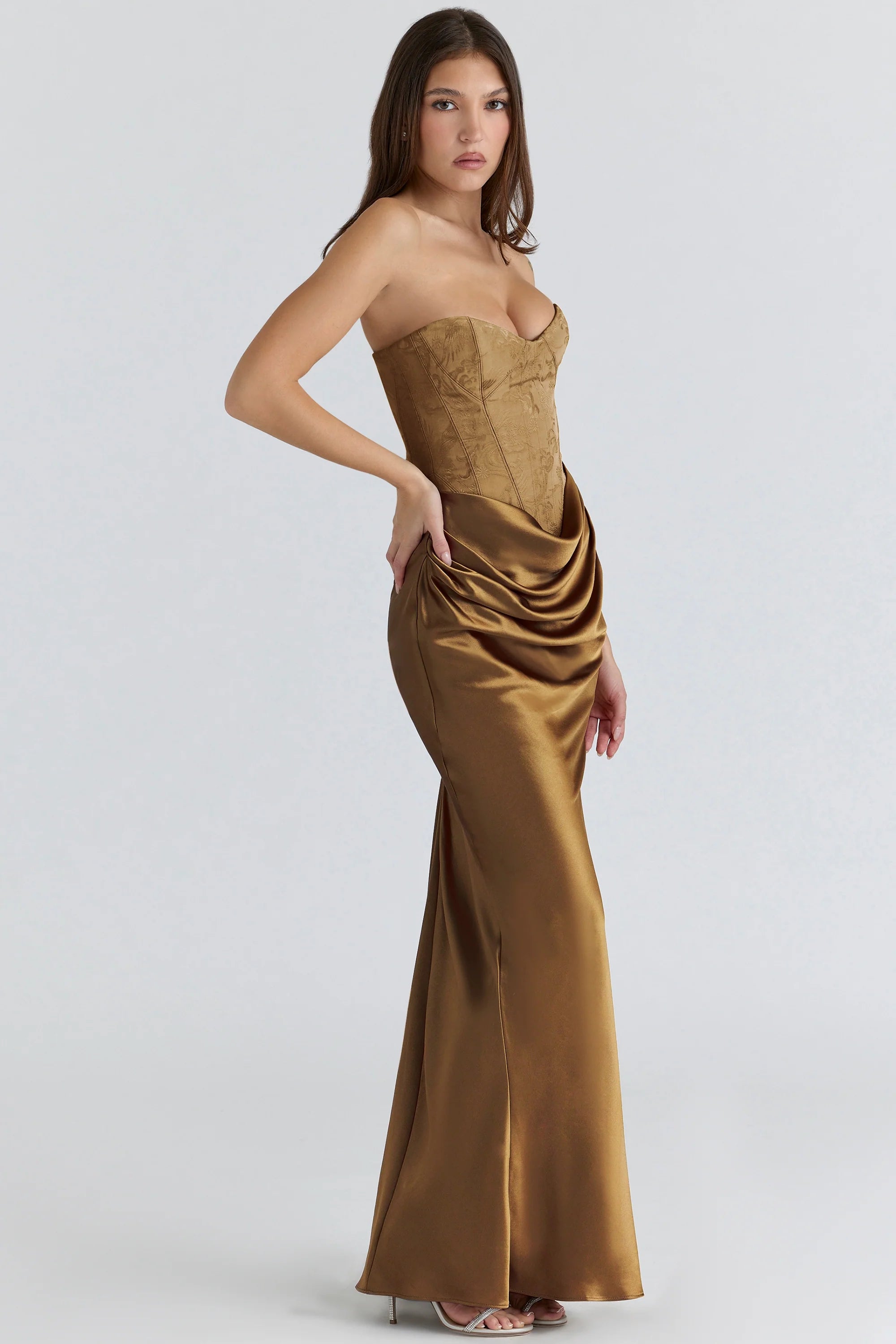 bronze brocade satin corset maxi dress