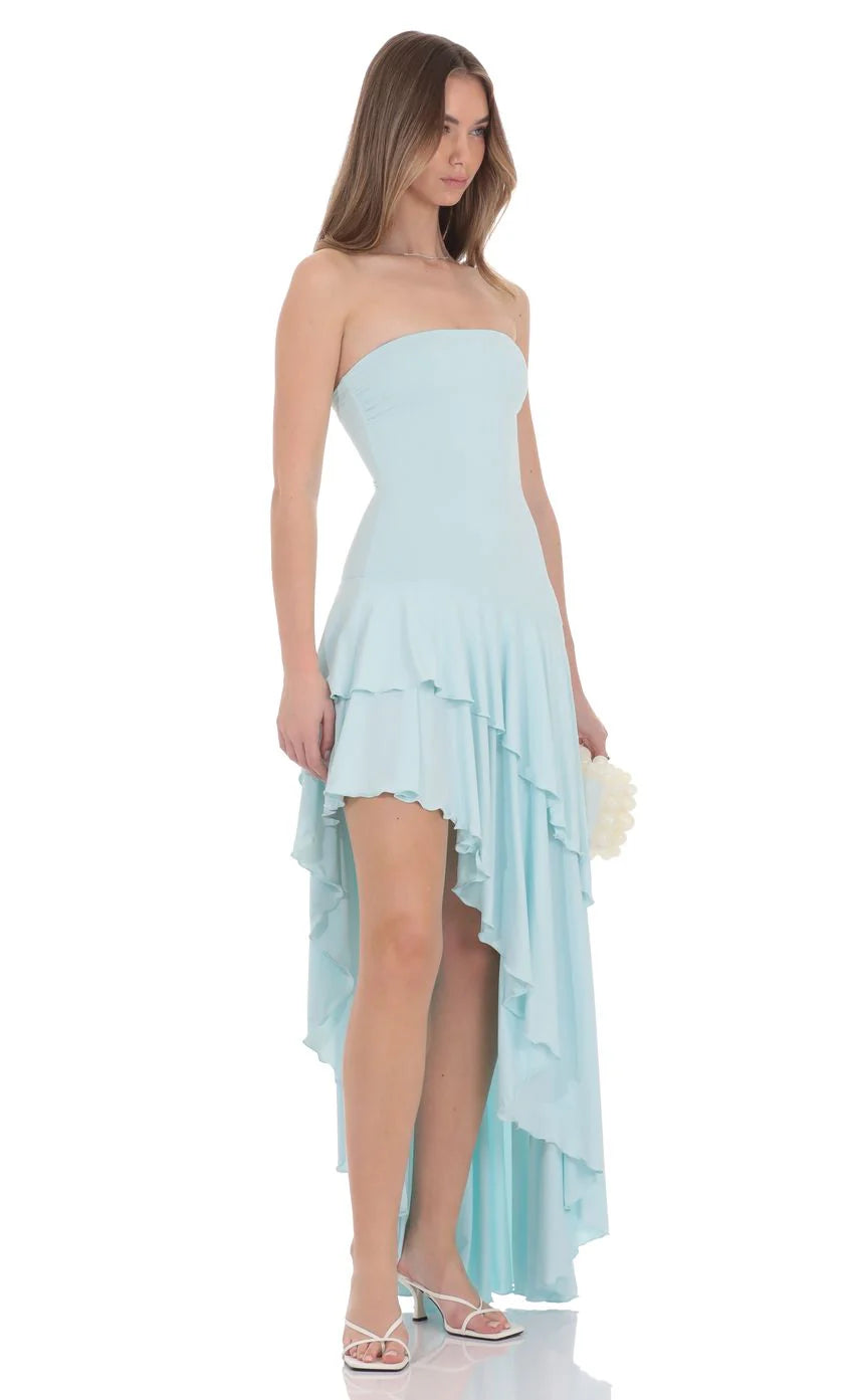 Strapless Ruffle Asymmetrical Maxi Dress in Mint