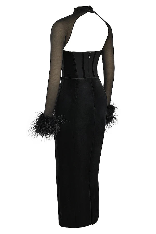 black velvet corset maxi dress