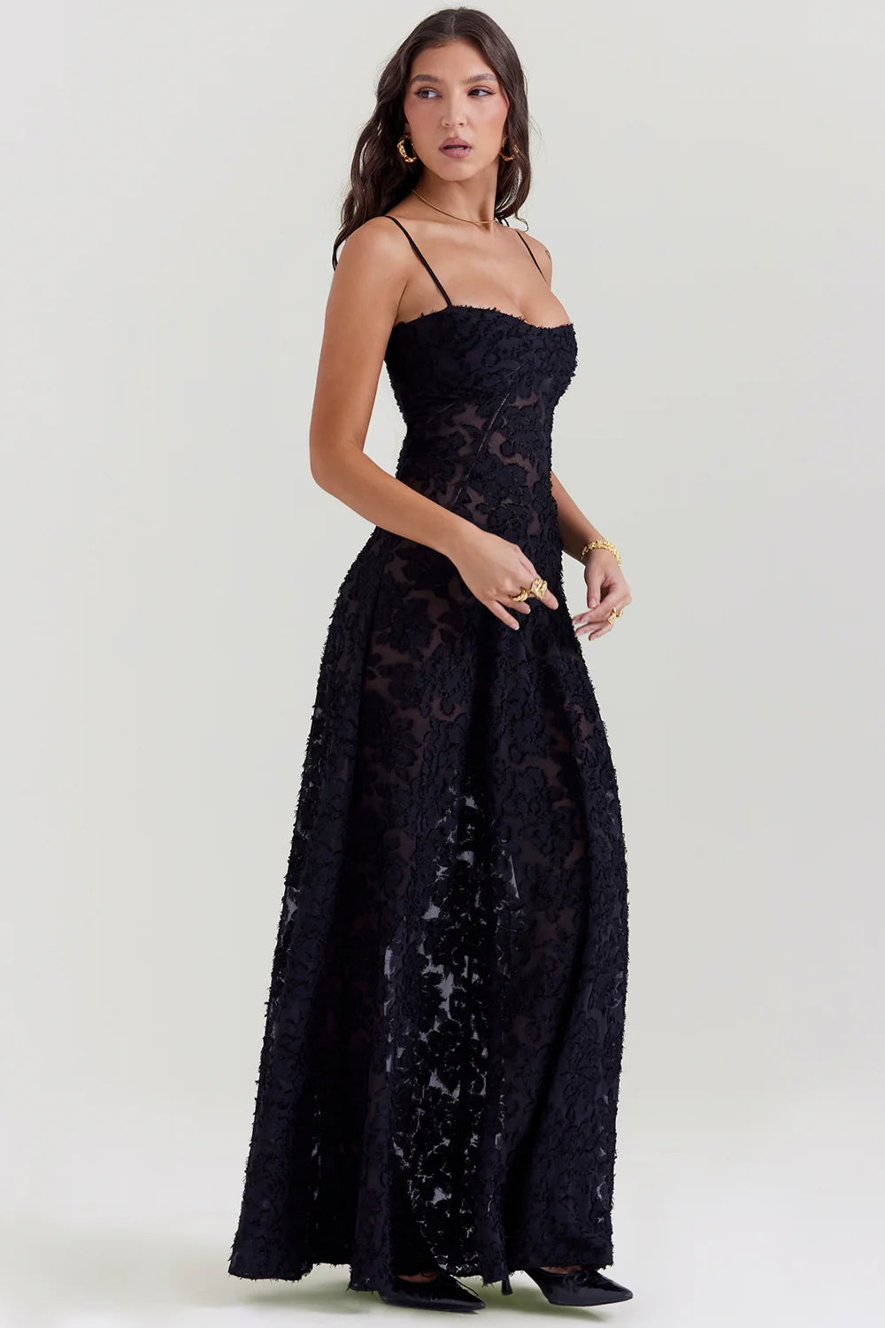 black floral lace back maxi dress