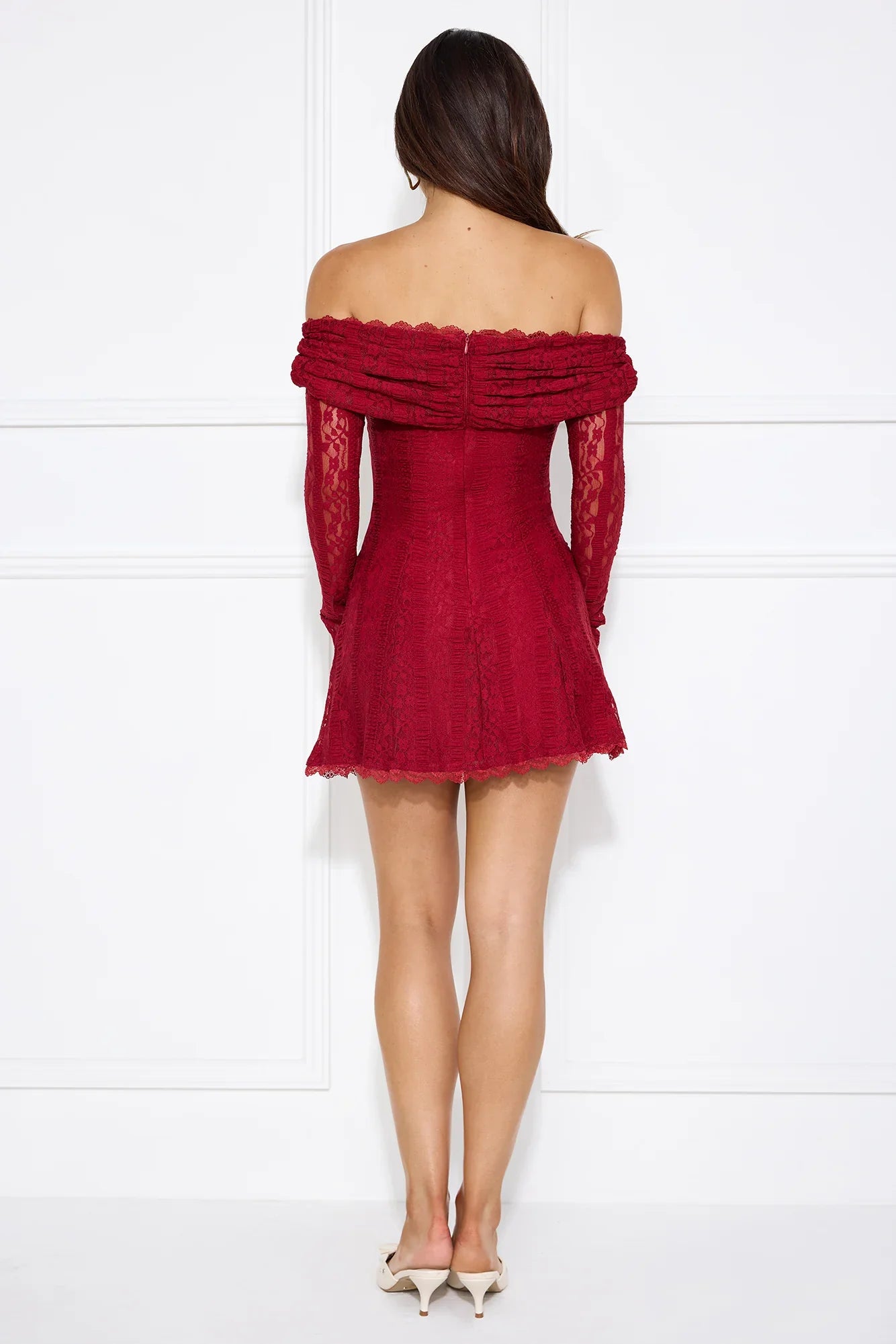 Secret Smile Lace Off Shoulder Mini Dress Burgundy