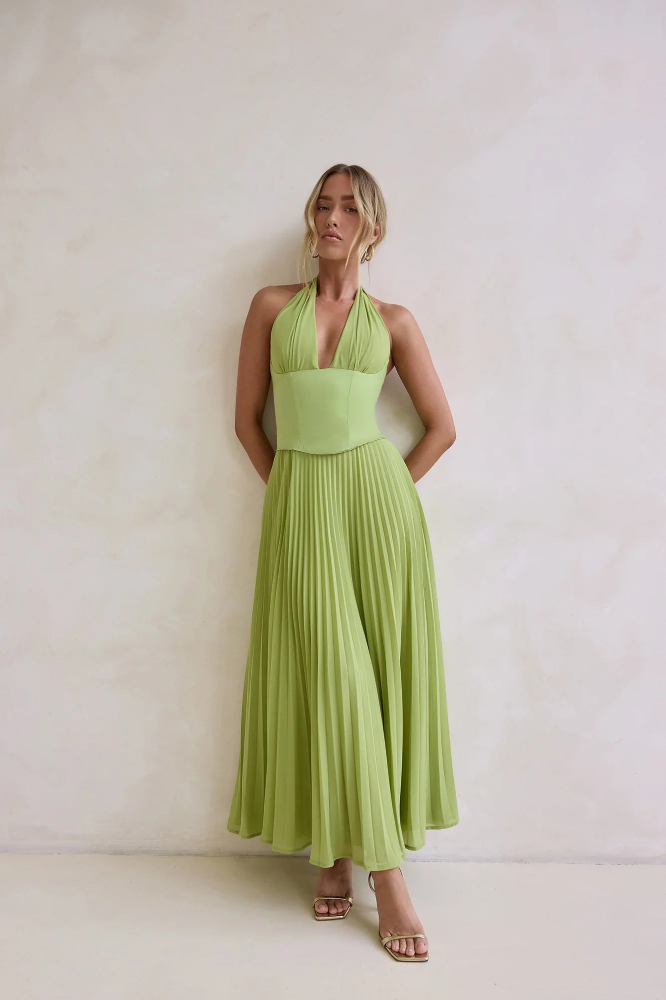 Paradise Falls Plisse Halter Maxi Dress Lime Green