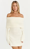 Erin Mini Dress - Cable Knit Off Shoulder Long Sleeve Dress in Cream