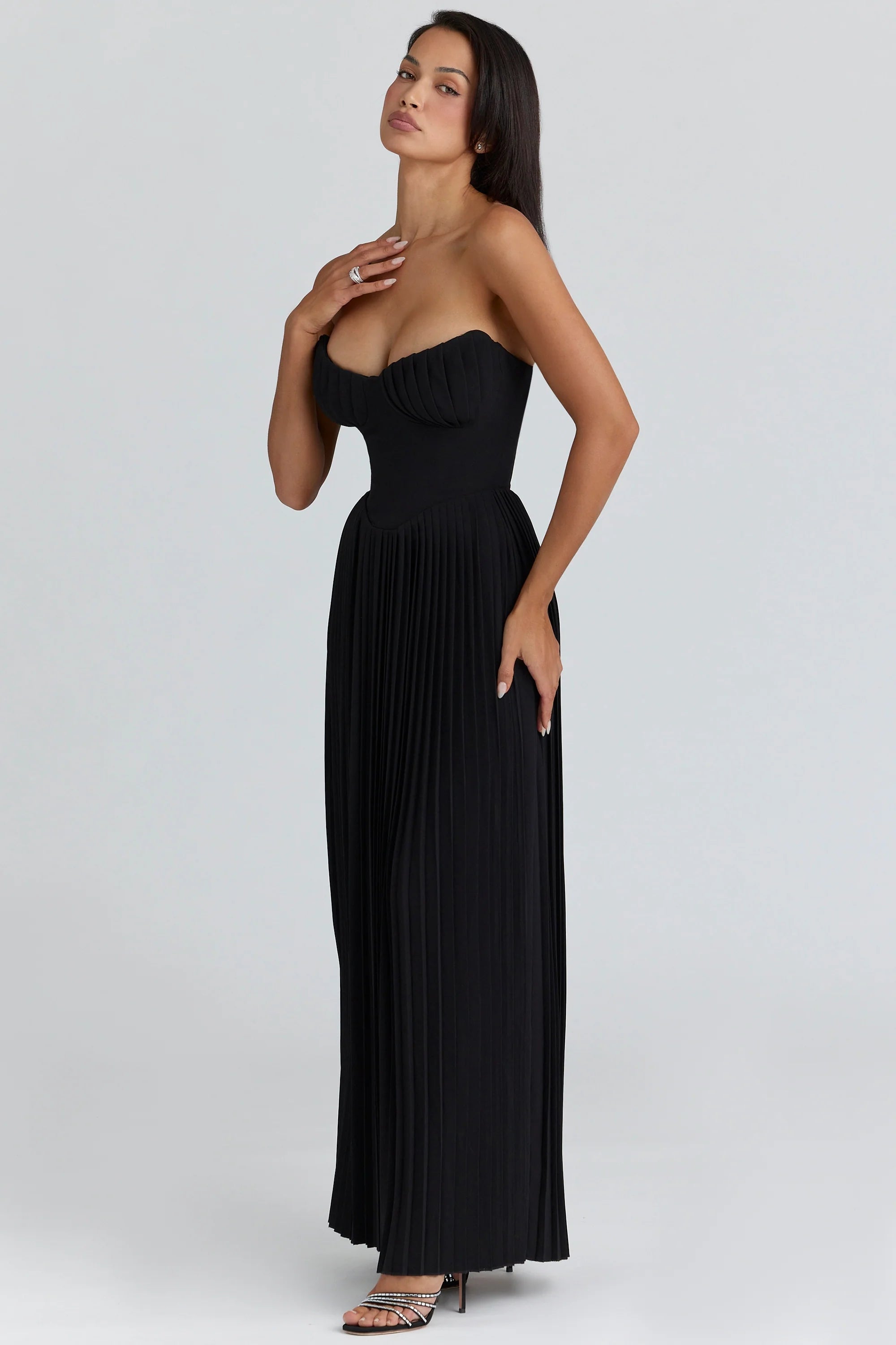 black georgette pleated maxi dress