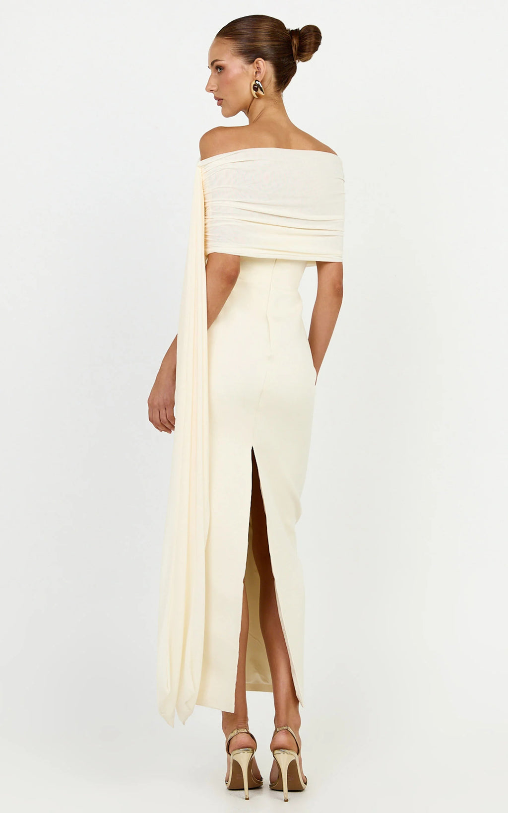 Elina Maxi Dress - Off Shoulder Contrast Mesh Draped Overlay Dress in Cream