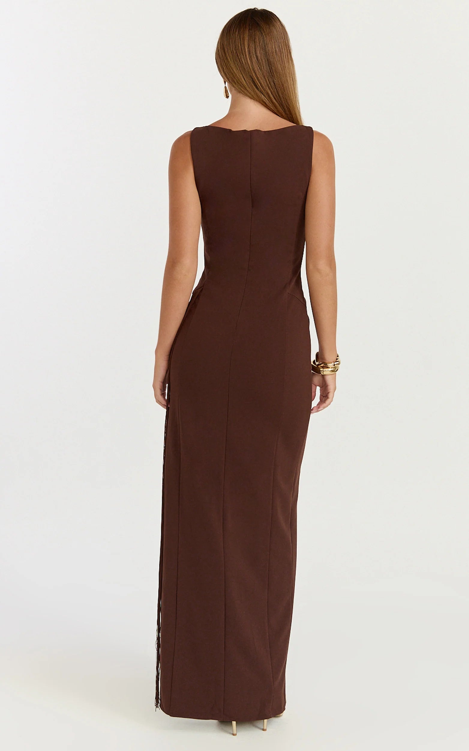 Joanne Maxi Dress - Scoop Neck Fringe Dress in Chocolate