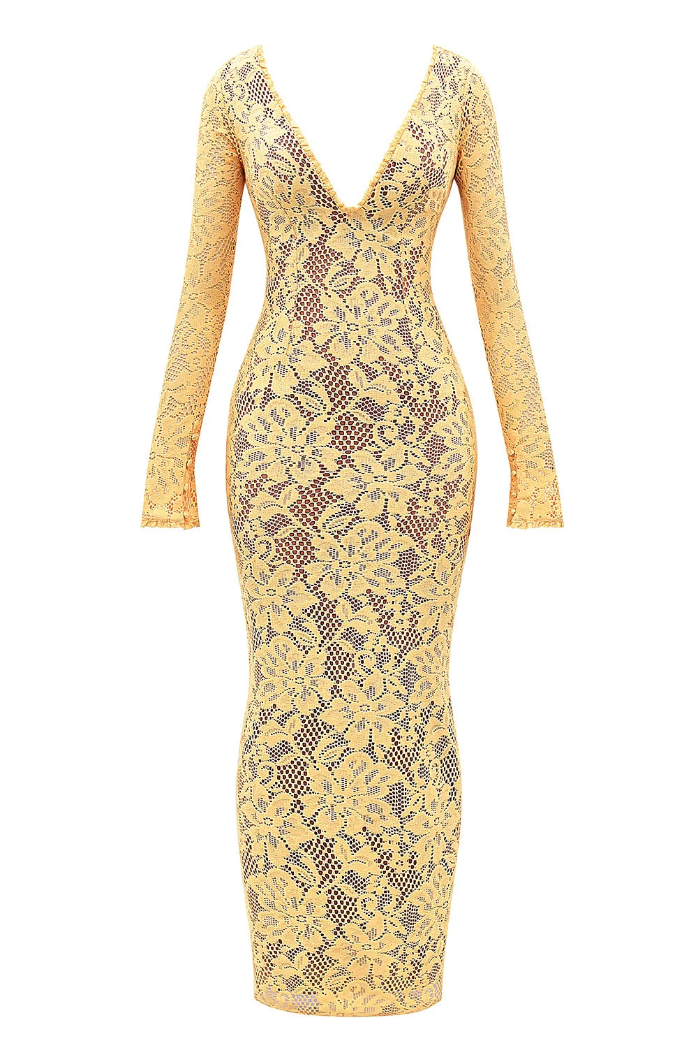 apricot plunge lace maxi dress