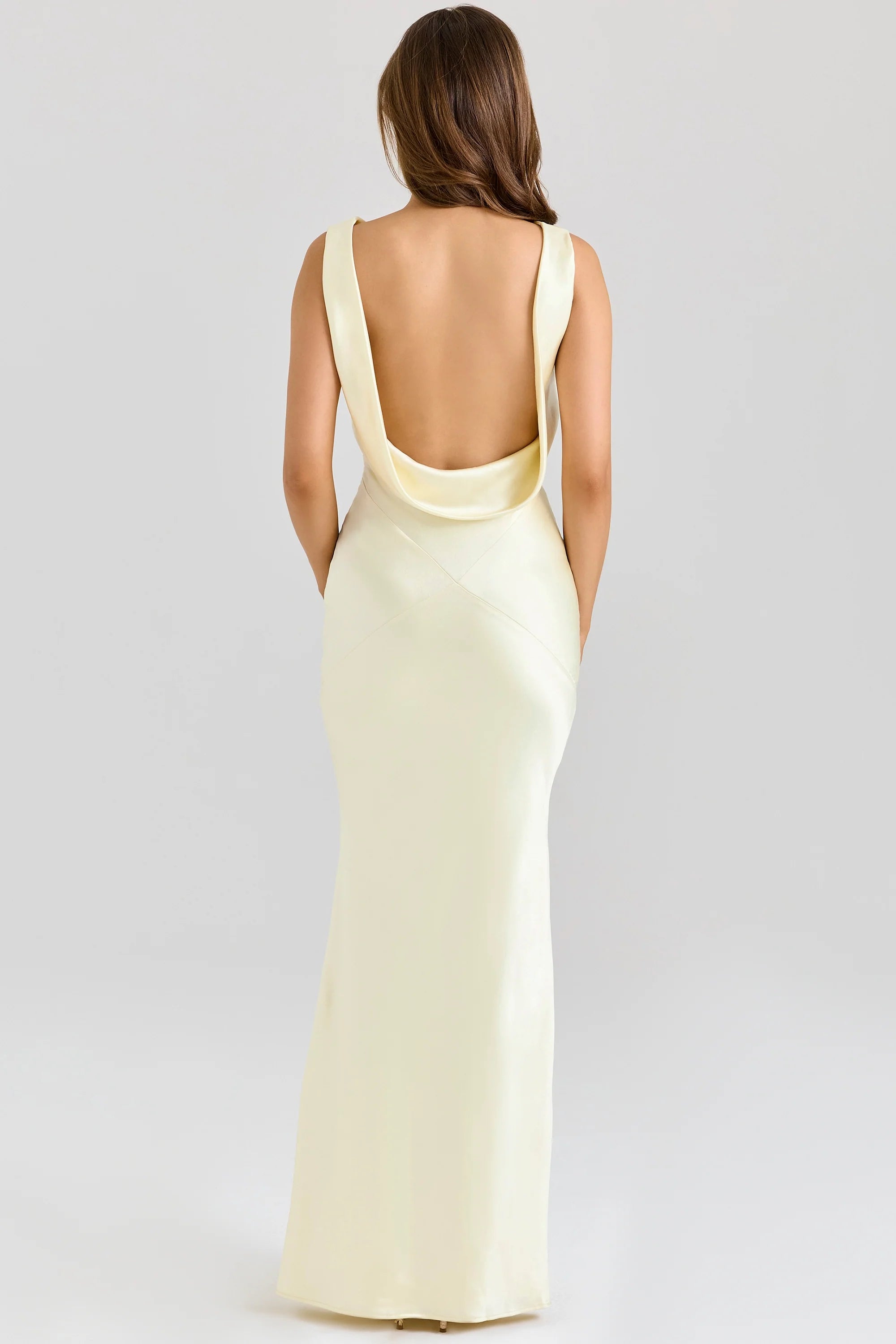 buttermilk satin draped cowl neck maxi dress