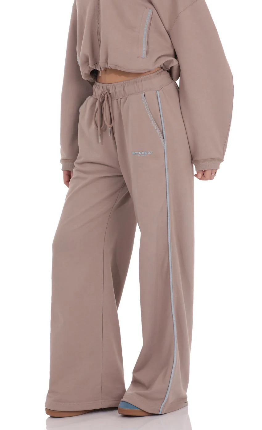 Two-Toned Cinchable Sweatpants Pants in Taupe
