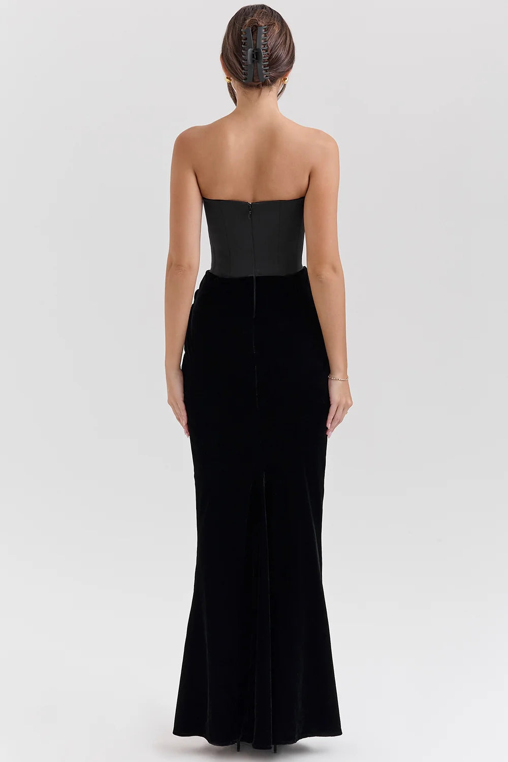 black velvet strapless corset maxi dress
