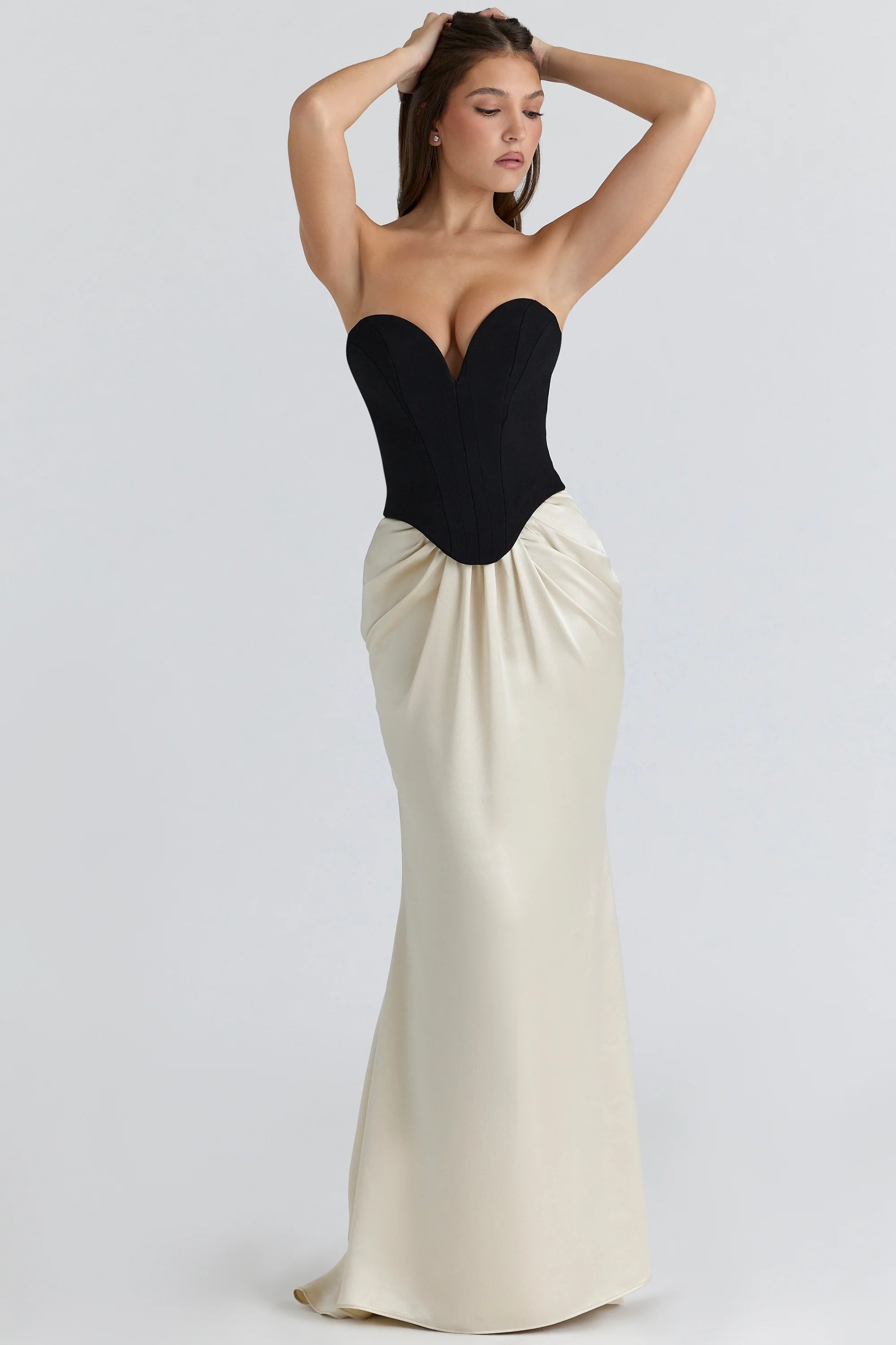 black & champagne corset maxi gown