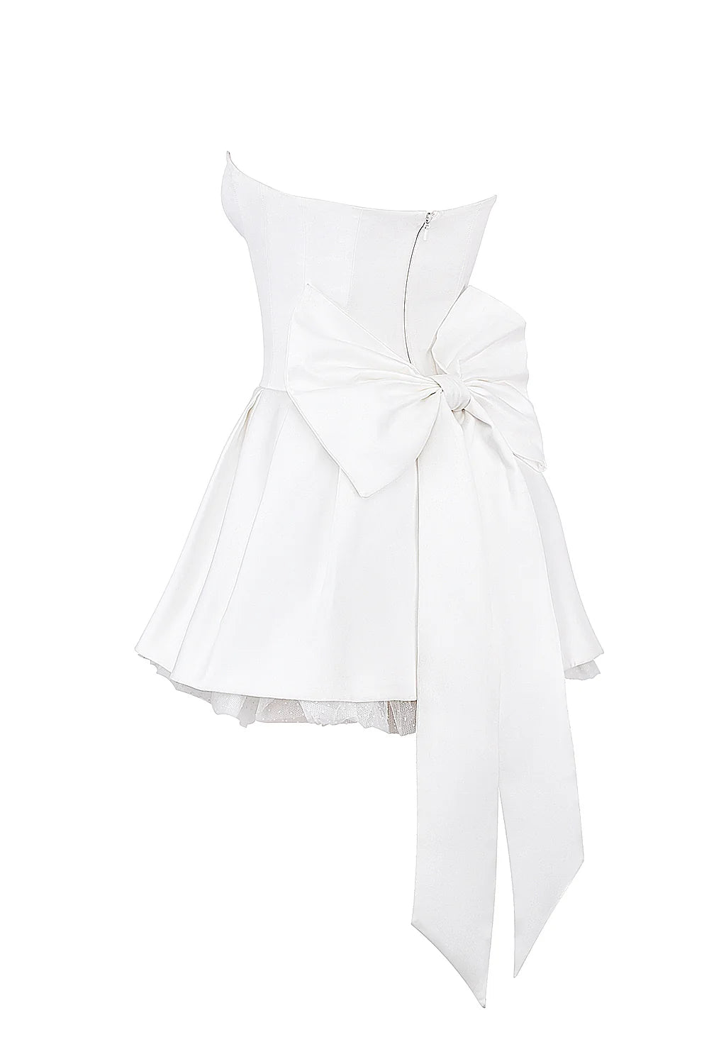 white satin strapless bow mini gown