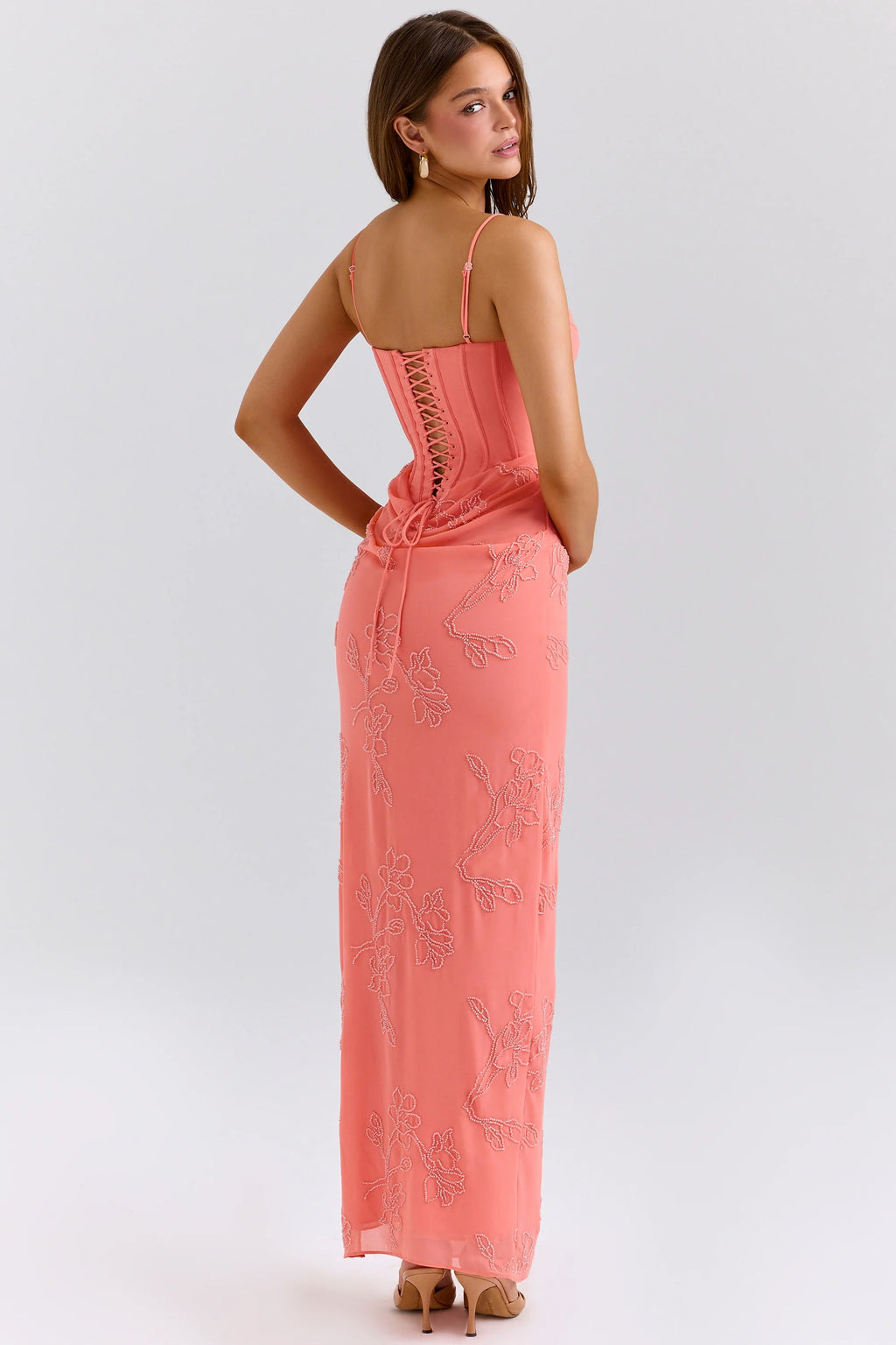 coral embellished hand beaded maxi dress