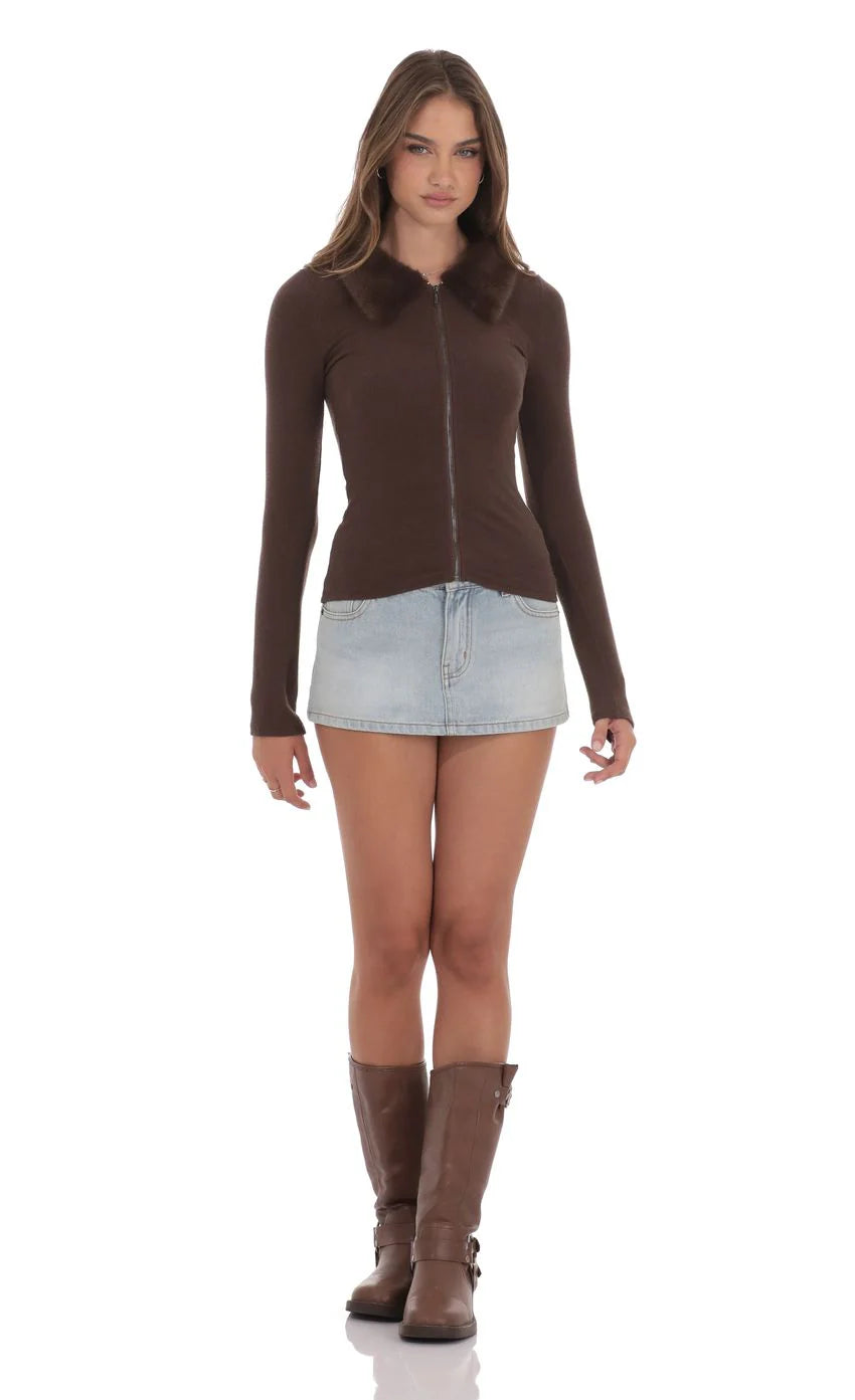 Fur Collar Zip-Up Cardigan in Brown