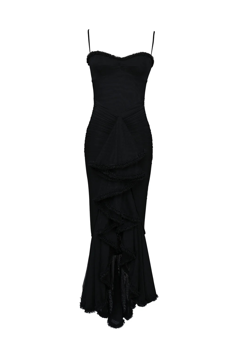 black mesh ruffled front gown